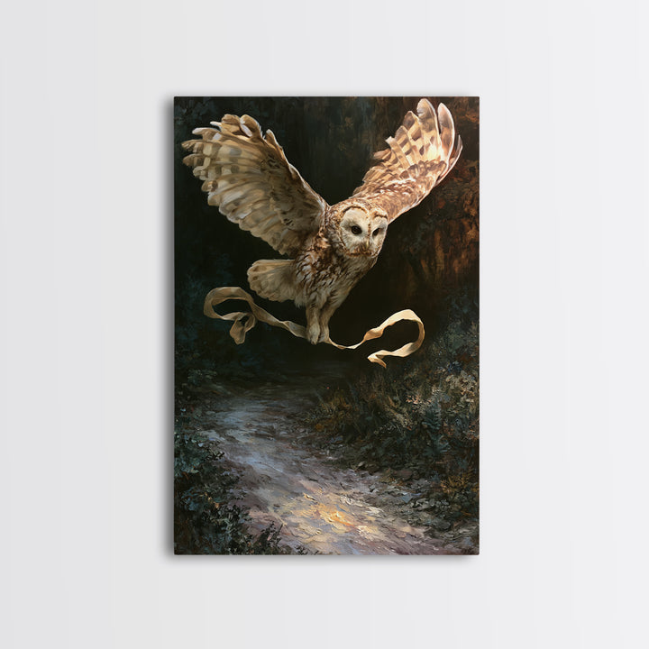 Owl Messenger Carrying a Tiny Ribbon Framed Canvas Print, Fairy Tale Art, Whimsical Art, Living Room Decor, Fine Art, Storybook, FTA-2x3-73