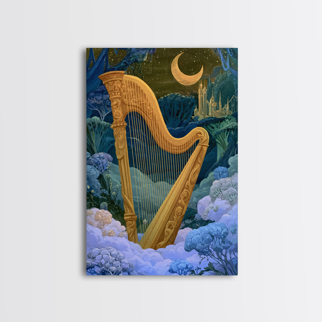 Golden Harp in a Cloud Kingdom Framed Canvas Print, Fairy Tale Art, Art Nouveau, Living Room Decor, Fine Art, Storybook, FTA-2x3-78