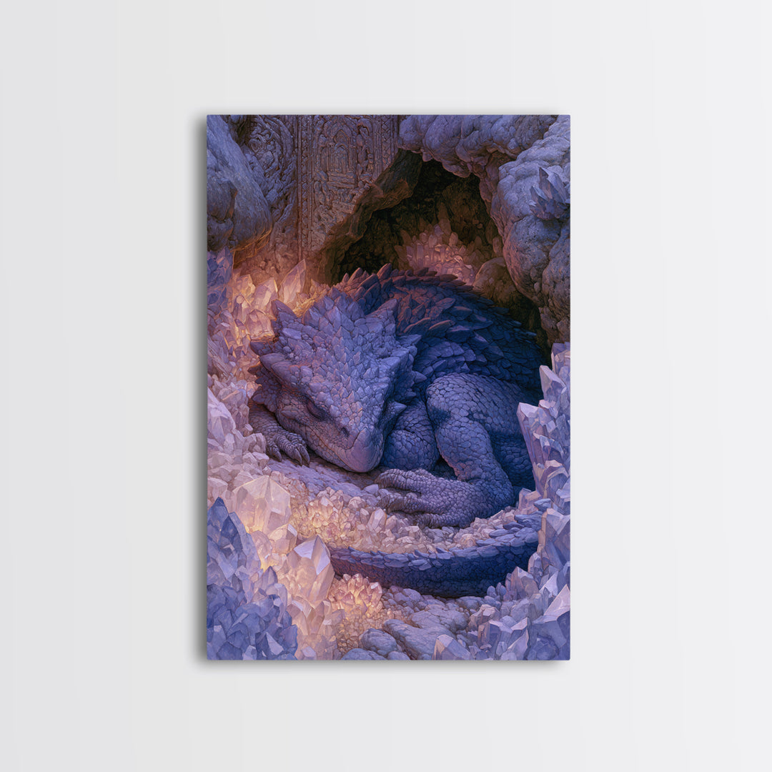 Sleeping Dragon in a Cave of Crystals Canvas Print, Fairy Tale Art, Nursery Wall Art, Living Room Decor, Storybook, Fantasy Art, FTA-2x3-80