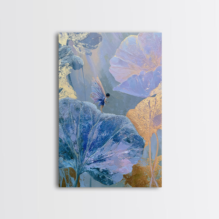 Tiny Fairy Resting on a Dew Covered Framed Canvas Print, Fairy Tale Art, Mixed Media Art, Living Room Decor, Oil Painting, FTA-2x3-87