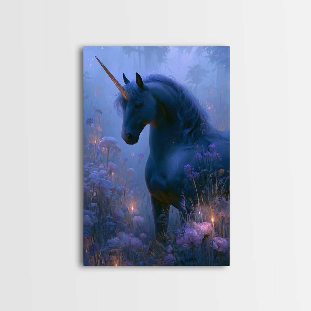 Unicorn in a Moonlit Meadow Framed Canvas Print, Fairy Tale Art, Printable Art, Living Room Decor, Oil Painting, Storybook, FTA-2x3-90
