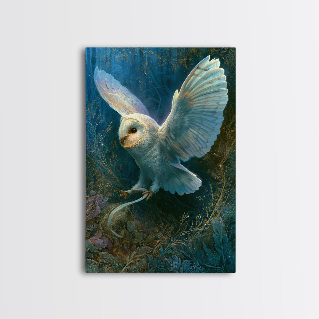 Owl Messenger Carrying a Tiny Ribbon Framed Canvas Print, Fairy Tale Art, Whimsical Art, Living Room Decor, Fine Art, Storybook, FTA-2x3-97