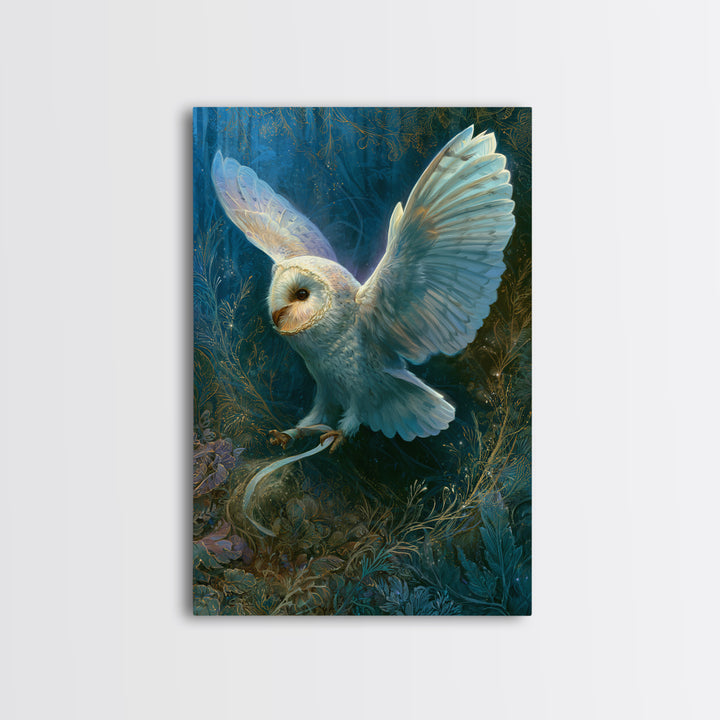 Owl Messenger Carrying a Tiny Ribbon Framed Canvas Print, Fairy Tale Art, Whimsical Art, Living Room Decor, Fine Art, Storybook, FTA-2x3-97