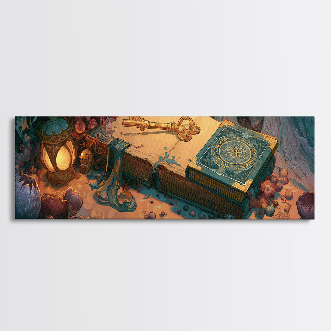 Golden Key and Enchanted Book Still Life Framed Canvas Print, Fairy Tale Art, Folk Art, Living Room Decor, Fine Art, Storybook, FTA-3x1-1
