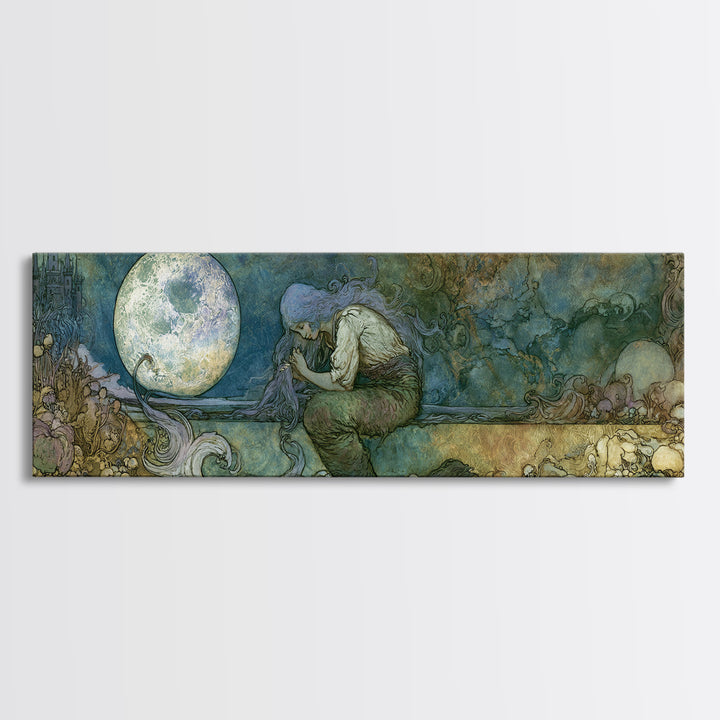 Mermaid Combing Hair Beneath a Pearl Moon Canvas Print, Fairy Tale Art, Living Room Decor, Abstract Art, Storybook, FTA-3x1-100