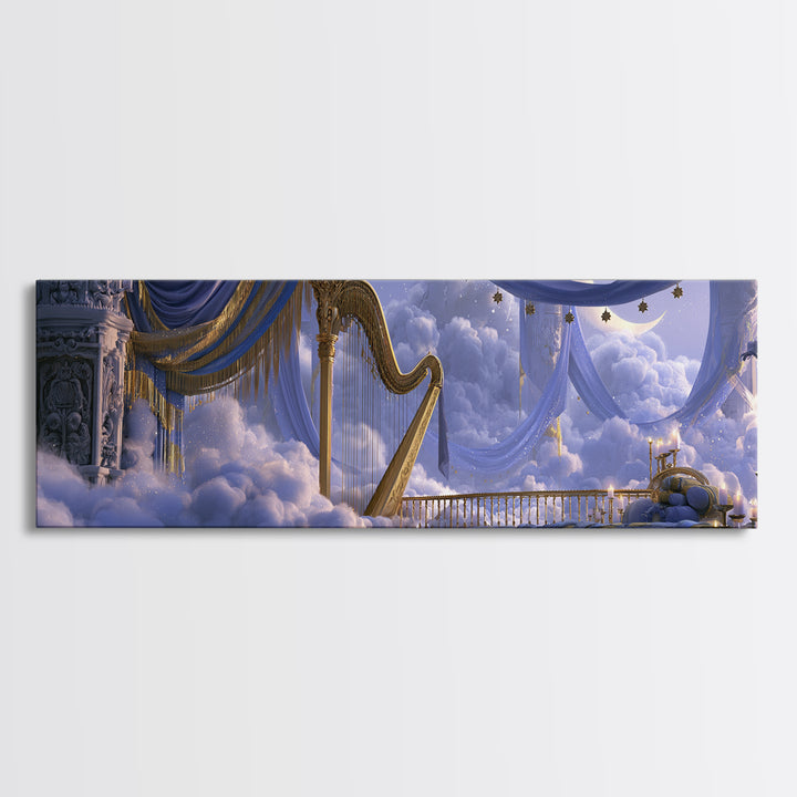 Golden Harp in a Cloud Kingdom Canvas Print, Fairy Tale Art, Modern Decor, Living Room Decor, Fine Art, Storybook, Wall Decor, FTA-3x1-14