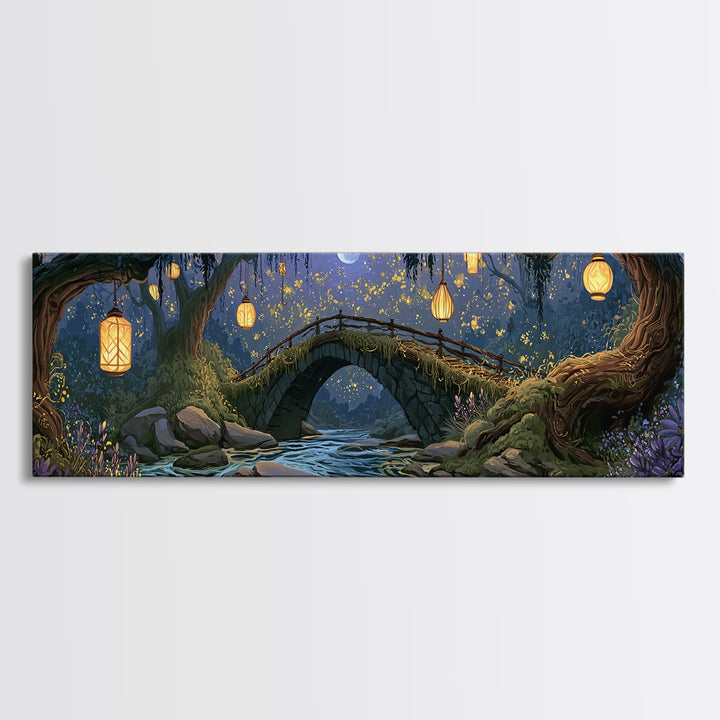 Lantern Lit Bridge Framed Canvas Print, Fairy Tale Art, Gallery Decor, Living Room Decor, Fine Art, Storybook, Wall Art, FTA-3x1-15