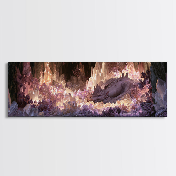 Sleeping Dragon in a Cave of Crystals Canvas Print, Fairy Tale Art, Folk Art, Living Room Decor, Fine Art, Storybook, FTA-3x1-16