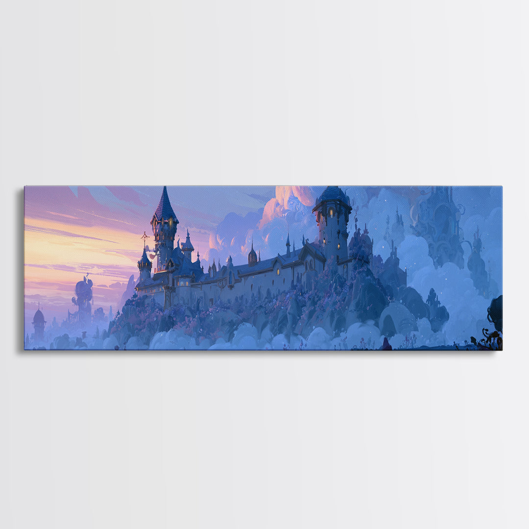 Storybook Castle on a Misty Hill Framed Canvas Print, Fairy Tale Art, Whimsical Decor, Living Room Decor, Fine Art, Storybook, FTA-3x1-18