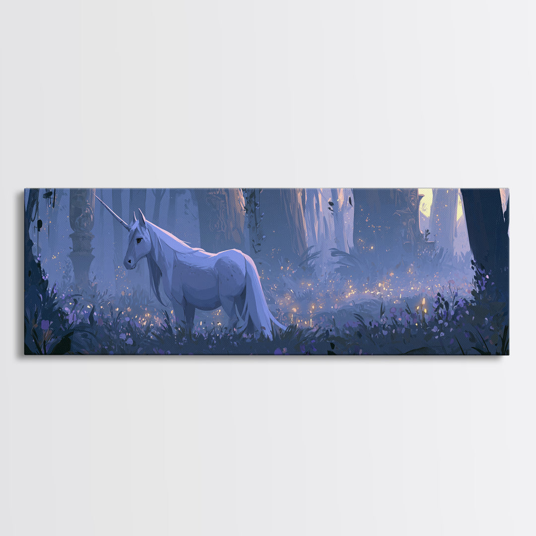 Unicorn in a Moonlit Meadow Framed Canvas Print, Fairy Tale Art, Art Nouveau, Living Room Decor, Fine Art, Storybook, FTA-3x1-2