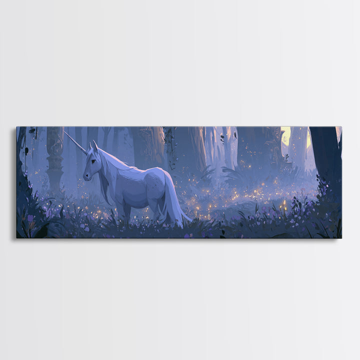 Unicorn in a Moonlit Meadow Framed Canvas Print, Fairy Tale Art, Art Nouveau, Living Room Decor, Fine Art, Storybook, FTA-3x1-2