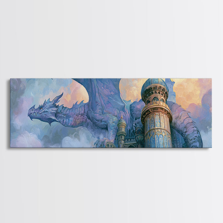 Dragon Curled Around a Jeweled Tower Canvas Print, Fairy Tale Art, Whimsical Wall Art, Living Room Decor, Fine Art, Storybook, FTA-3x1-21