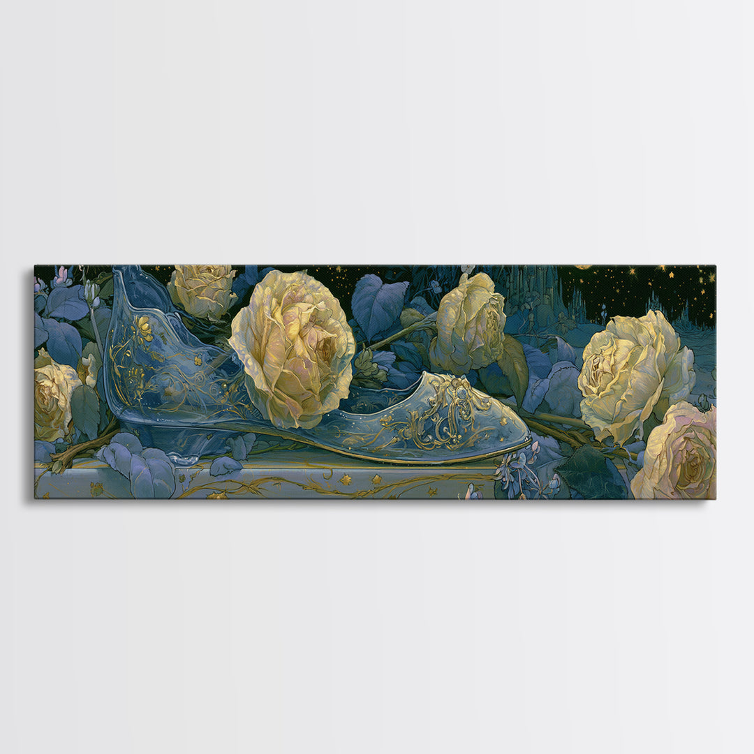 Glass Slipper Still Life Canvas Print, Fairy Tale Art, Living Room Decor, Abstract Art, Storybook, Art Nouveau, FTA-3x1-22