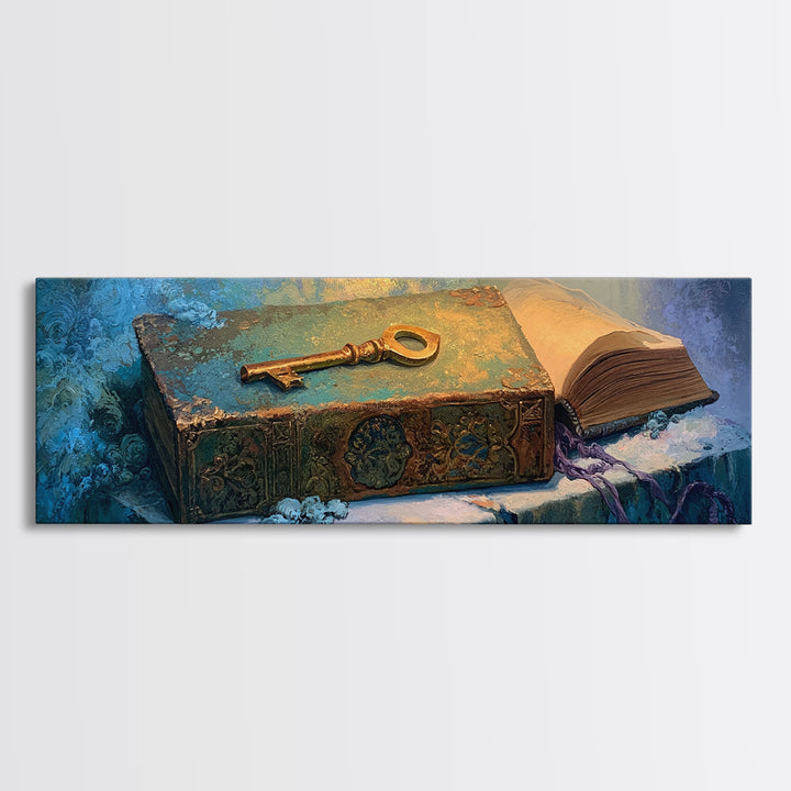 Golden Key and Enchanted Book Still Life Canvas Print, Fairy Tale Art, Kids Room Decor, Living Room Decor, Abstract Art, FTA-3x1-25