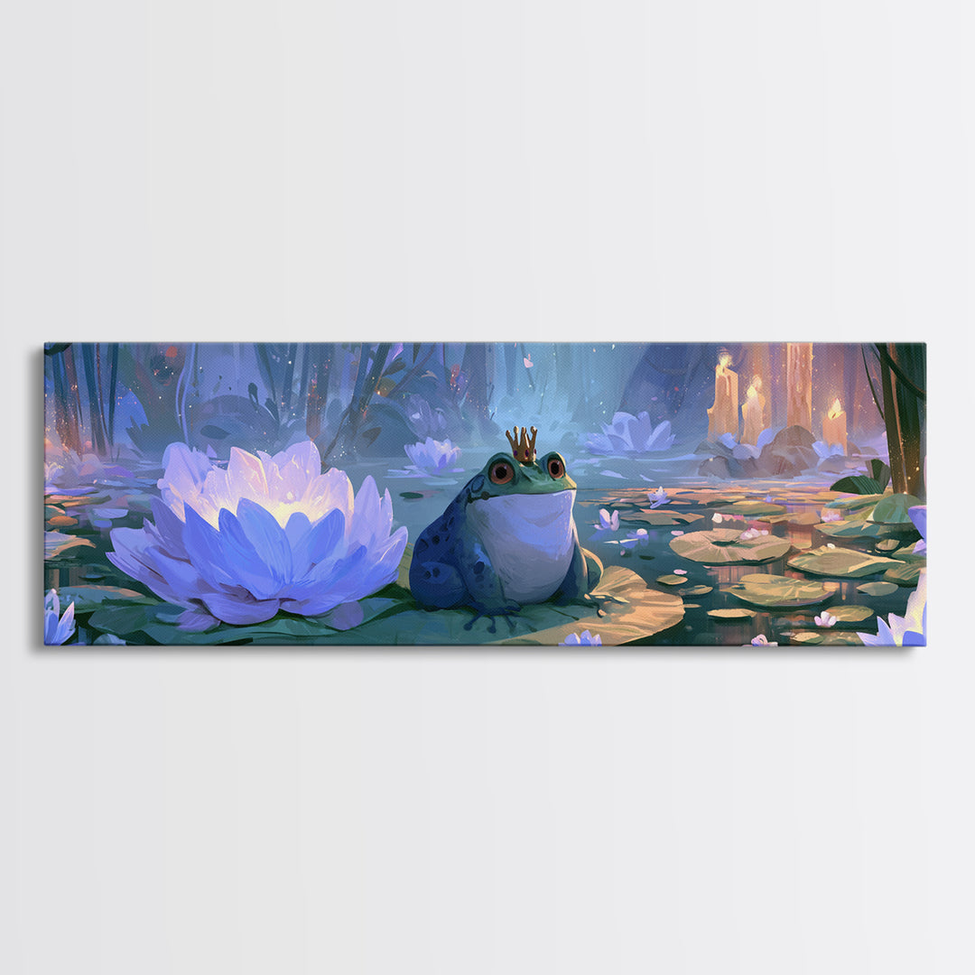 Frog Prince on a Lily Pad Framed Canvas Print, Fairy Tale Art, Textured Painting, Living Room Decor, Fine Art, Storybook, FTA-3x1-27