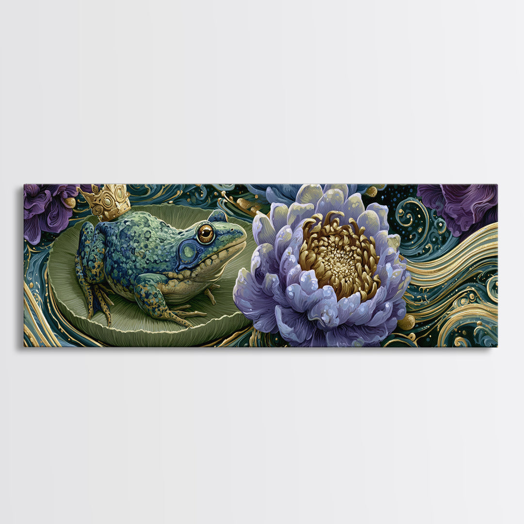 Frog Prince on a Lily Pad Canvas Print, Fairy Tale Art, Fine Art Print, Living Room Decor, Fine Art, Storybook, Painting, FTA-3x1-3