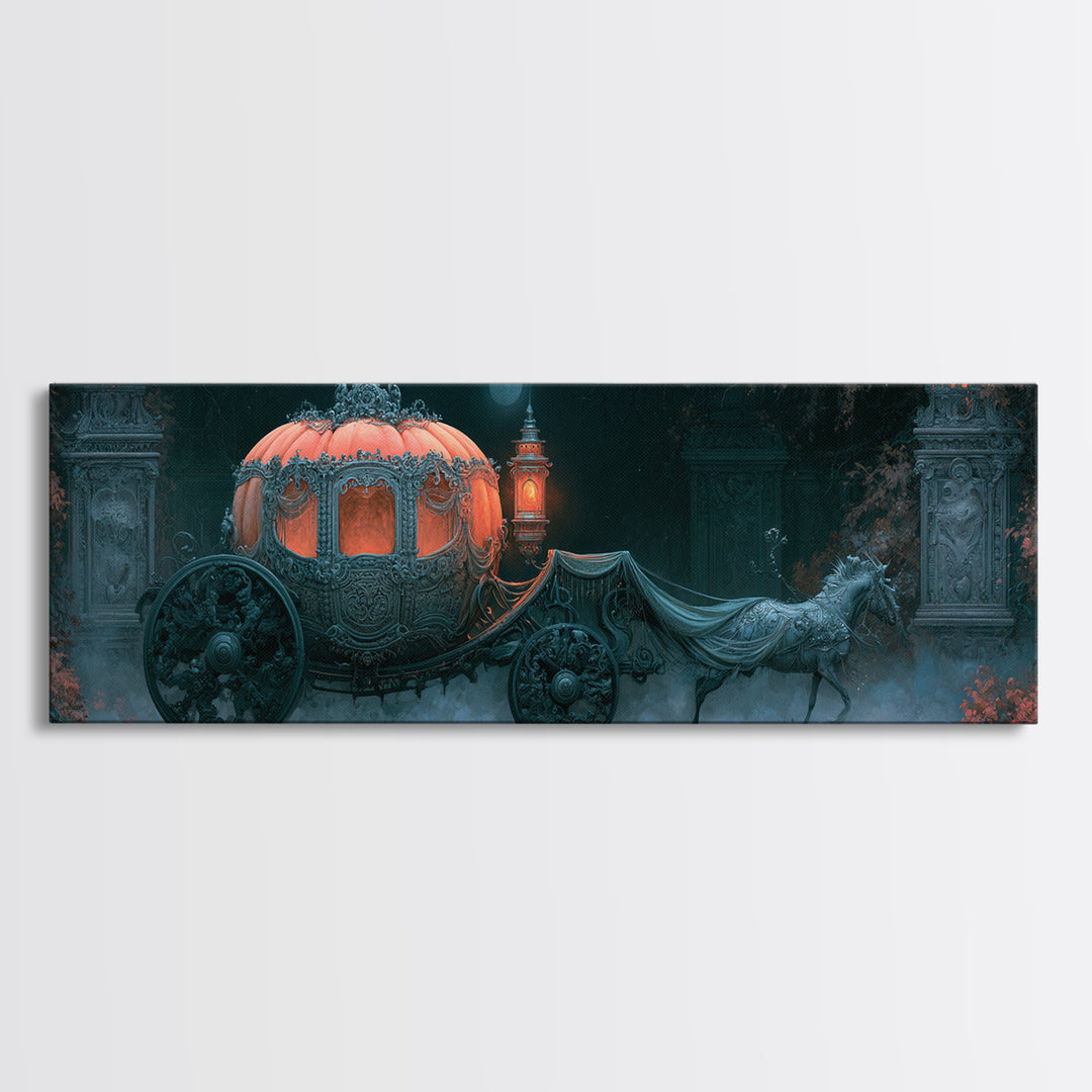 Pumpkin Carriage under Midnight Sky Framed Canvas Print, Fairy Tale Art, Art Nouveau Print, Living Room Decor, Watercolor Art, FTA-3x1-32