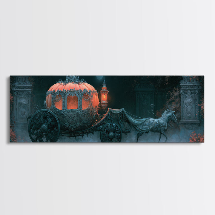 Pumpkin Carriage under Midnight Sky Framed Canvas Print, Fairy Tale Art, Art Nouveau Print, Living Room Decor, Watercolor Art, FTA-3x1-32
