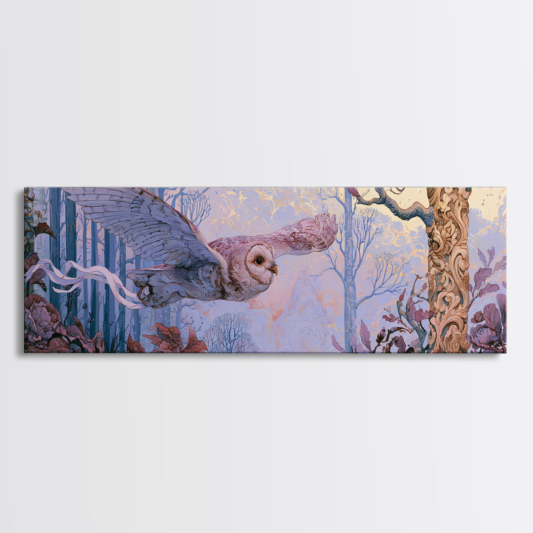 Owl Messenger Carrying a Tiny Ribbon Canvas Print, Fairy Tale Art, Dark Art, Living Room Decor, Storybook, Statement Artwork, FTA-3x1-33