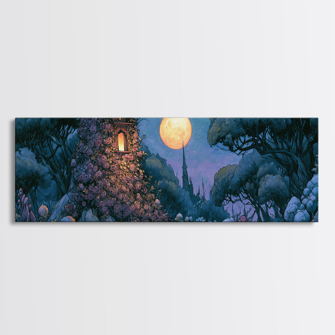 Rose Covered Tower Canvas Print, Fairy Tale Art, Abstract Art, Living Room Decor, Storybook, Kids Room Art, Whimsical Wall Art, FTA-3x1-34