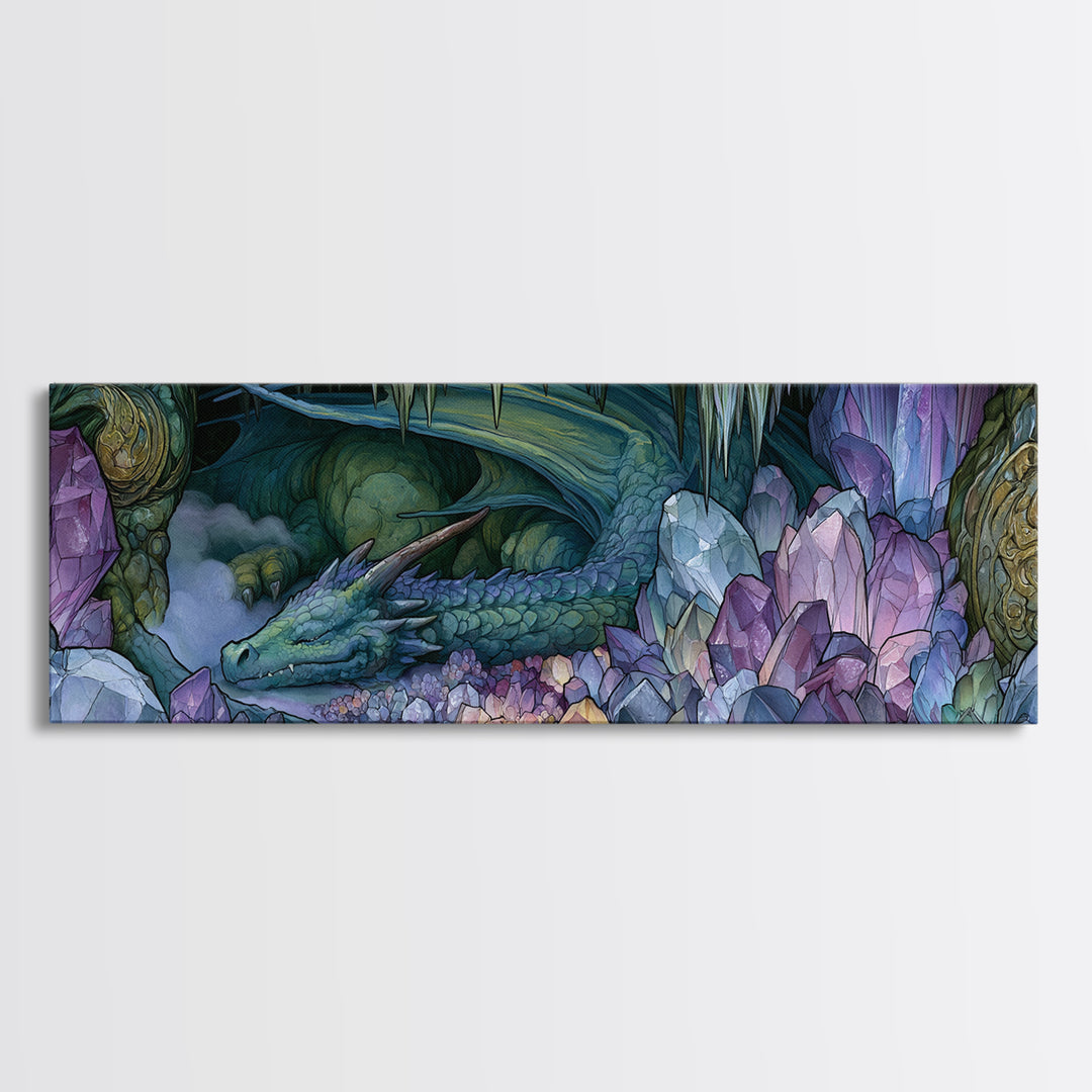 Sleeping Dragon in a Cave of Crystals Canvas Print, Fairy Tale Art, Neutral Decor, Living Room Decor, Fine Art, Storybook, FTA-3x1-40