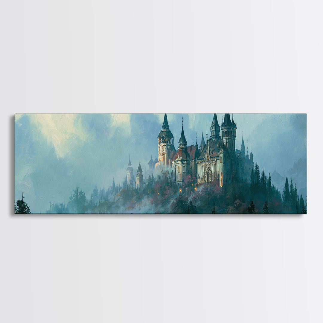Storybook Castle on a Misty Hill Canvas Print, Fairy Tale Art, Whimsical Art, Living Room Decor, Fine Art, Storybook, FTA-3x1-42