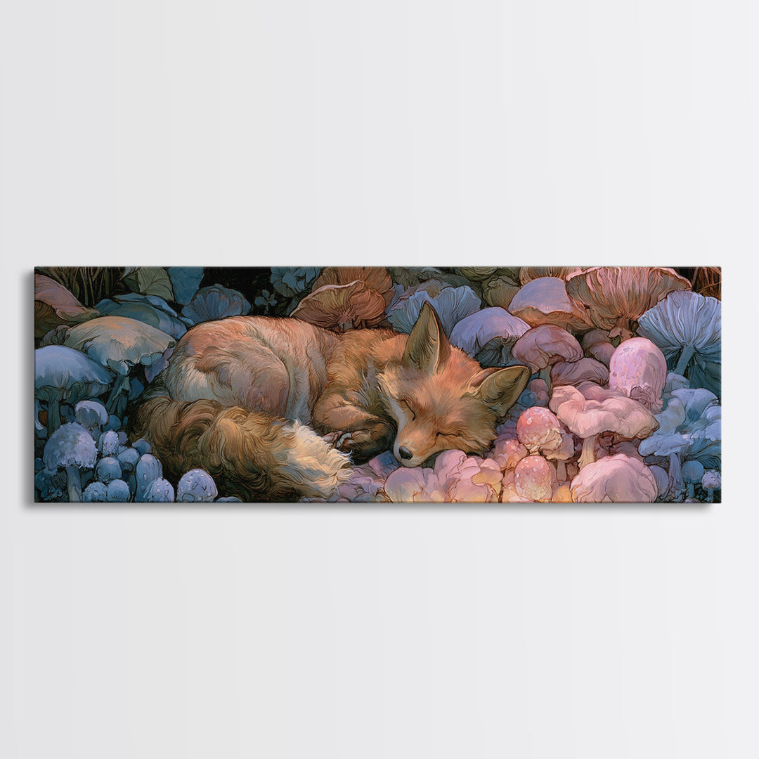 Sleeping Fox Beside a Magical Mushroom Ring Canvas Print, Fairy Tale Art, Printable Wall Art, Living Room Decor, Storybook, FTA-3x1-43