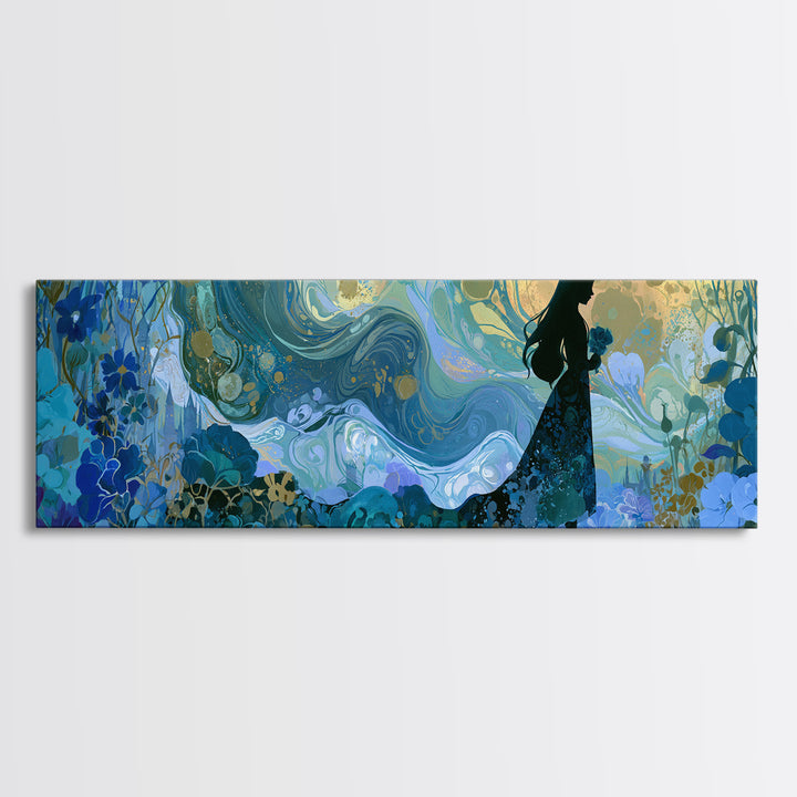 Princess Silhouette with Moonlit Garden Flowers Canvas Print, Fairy Tale Art, Modern Decor, Living Room Decor, Storybook, FTA-3x1-44