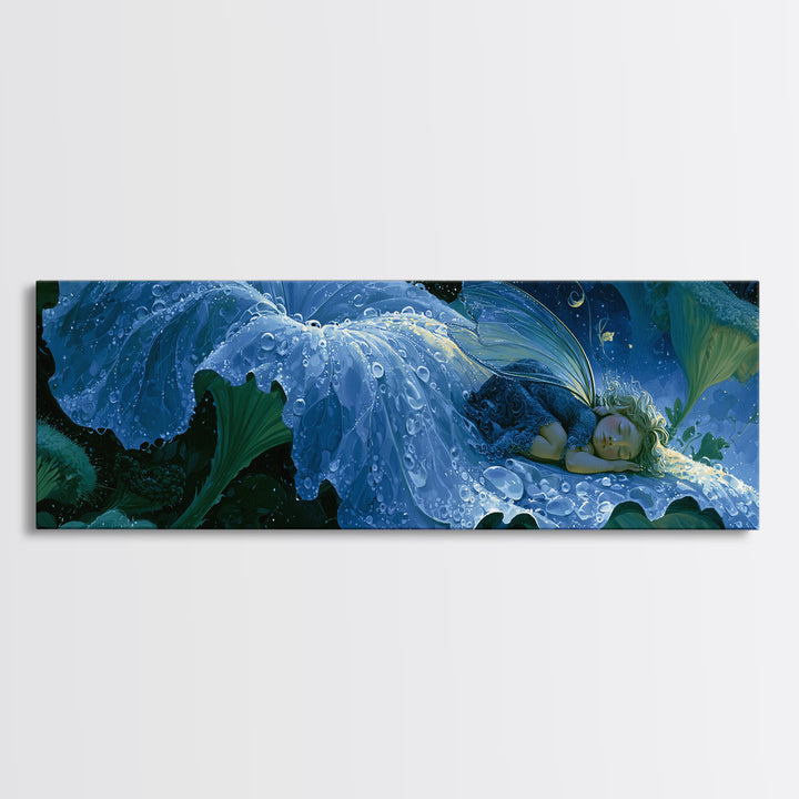 Tiny Fairy Resting on a Dew Covered Framed Canvas Print, Fairy Tale Art, Art Deco, Living Room Decor, Fine Art, Storybook, FTA-3x1-47