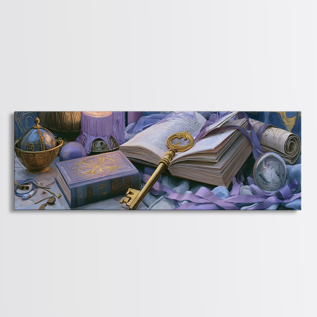 Golden Key and Enchanted Book Still Life Canvas Print, Fairy Tale Art, Kids Room Decor, Living Room Decor, Abstract Art, FTA-3x1-49