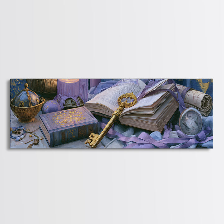 Golden Key and Enchanted Book Still Life Canvas Print, Fairy Tale Art, Kids Room Decor, Living Room Decor, Abstract Art, FTA-3x1-49