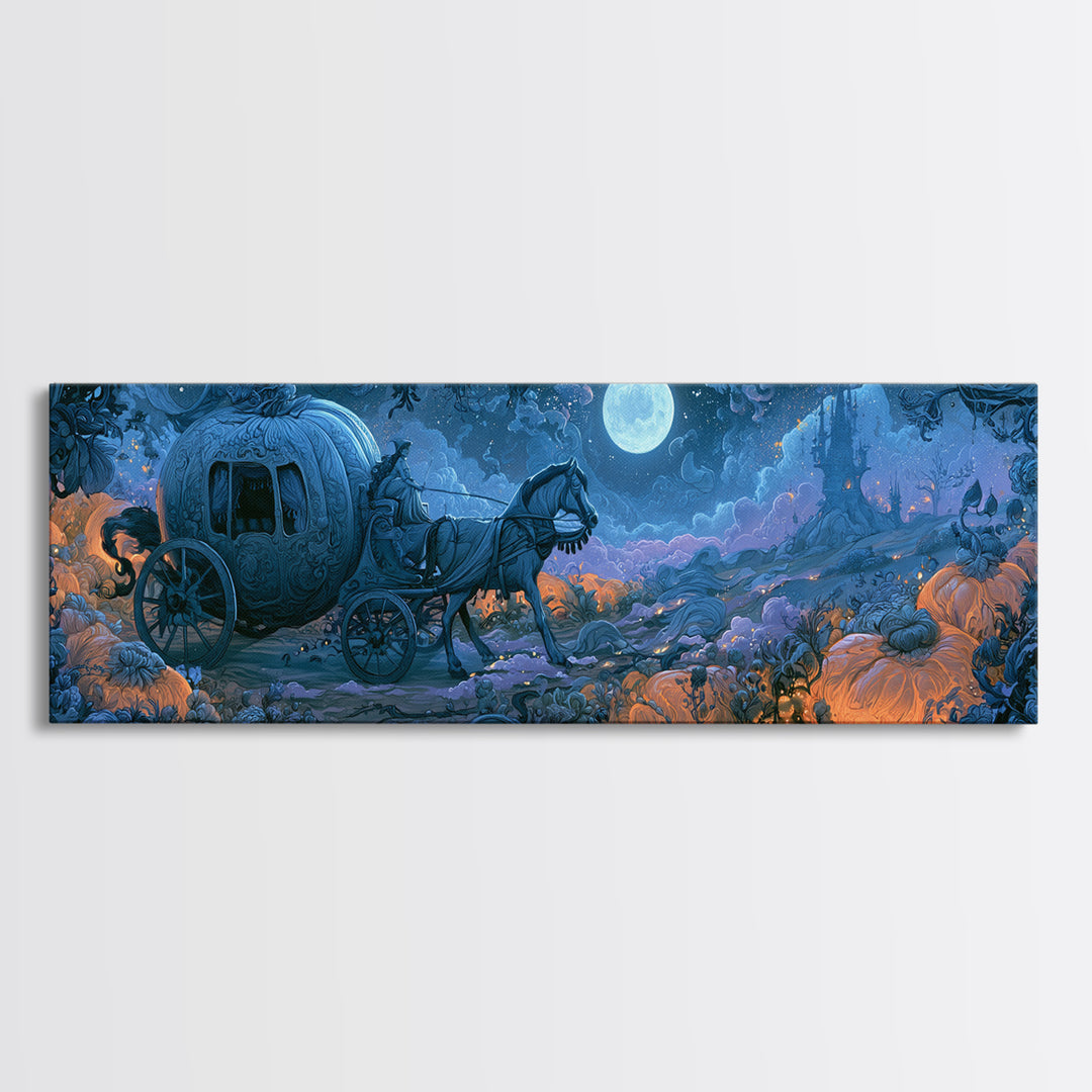Pumpkin Carriage under Midnight Sky Framed Canvas Print, Fairy Tale Art, Minimalist Decor, Living Room Decor, Storybook, FTA-3x1-56