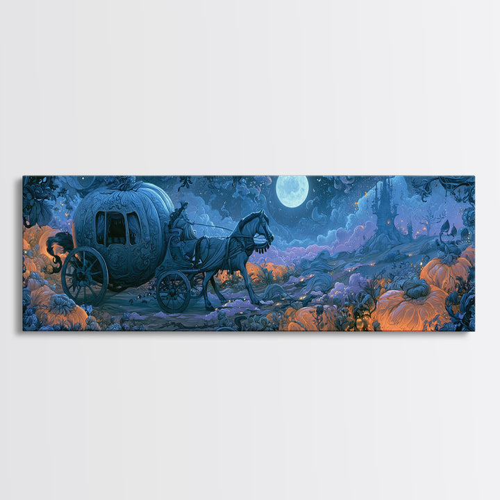 Pumpkin Carriage under Midnight Sky Framed Canvas Print, Fairy Tale Art, Minimalist Decor, Living Room Decor, Storybook, FTA-3x1-56
