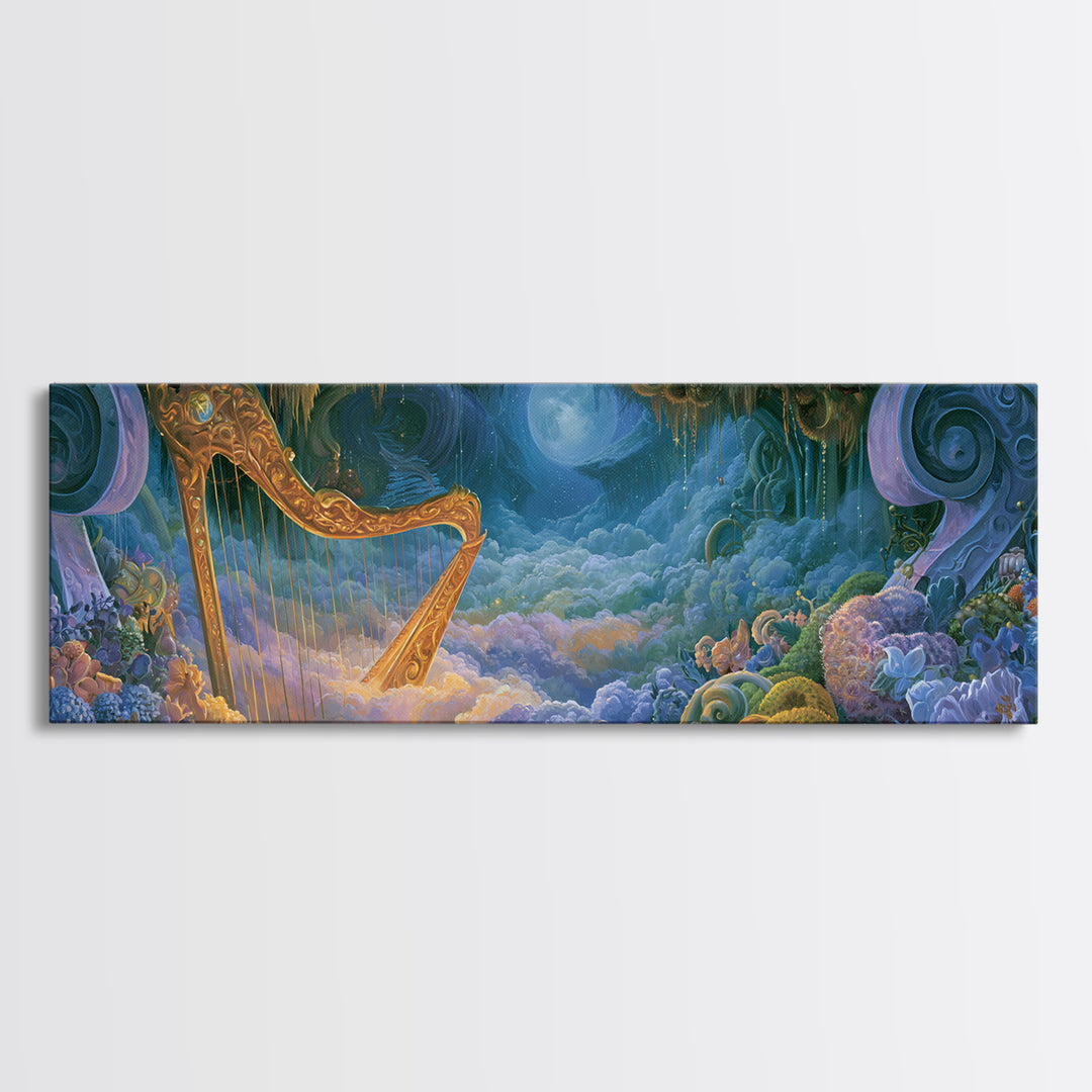 Golden Harp in a Cloud Kingdom Canvas Print, Fairy Tale Art, Boho Decor, Living Room Decor, Oil Painting, Storybook, Art Print, FTA-3x1-62