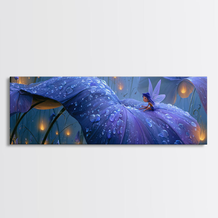 Tiny Fairy Resting on a Dew Covered Canvas Print, Fairy Tale Art, Printable Art, Living Room Decor, Oil Painting, Storybook, FTA-3x1-71