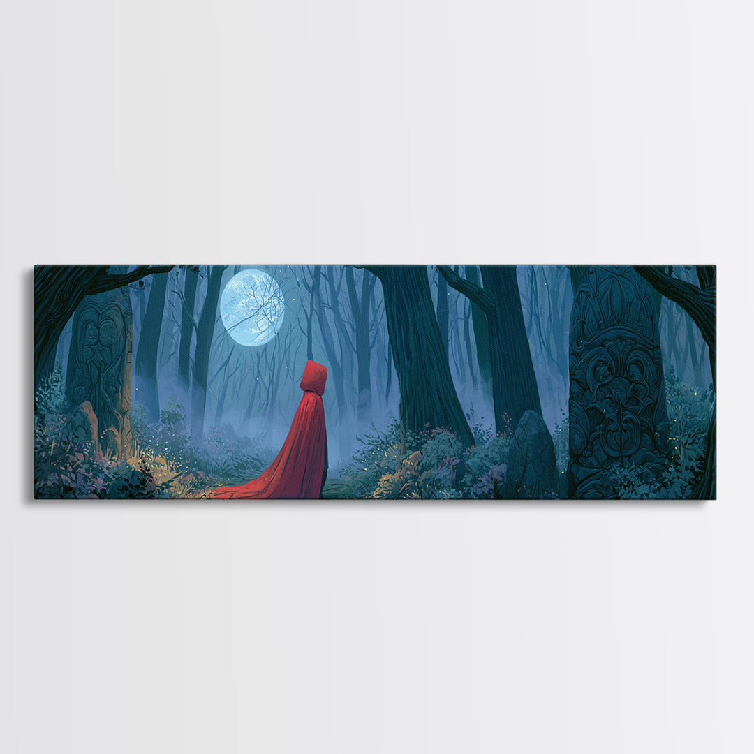 Red Cloak Figure Walking Through Dark Woods Framed Canvas Print, Fairy Tale Art, Wall Decor, Living Room Decor, Storybook, FTA-3x1-72