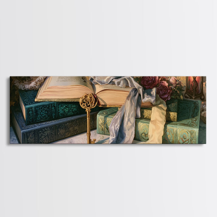 Golden Key and Enchanted Book Still Life Framed Canvas Print, Fairy Tale Art, Neutral Decor, Living Room Decor, Storybook, FTA-3x1-73
