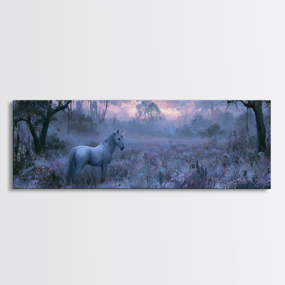 Unicorn in a Moonlit Meadow Framed Canvas Print, Fairy Tale Art, Princess Wall Art, Living Room Decor, Fine Art, Storybook, FTA-3x1-74