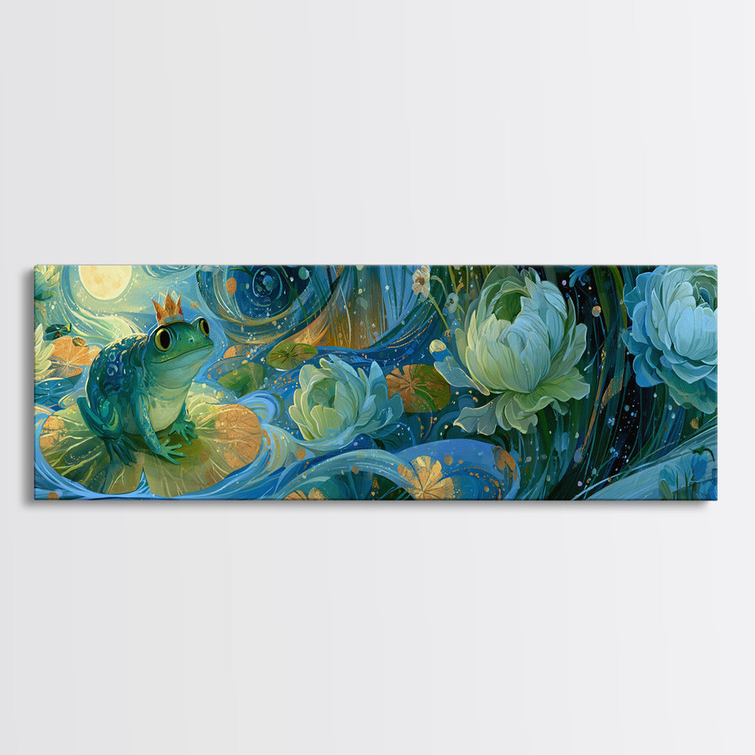Frog Prince on a Lily Pad Canvas Print, Fairy Tale Art, Whimsical Decor, Living Room Decor, Storybook, Kids Room Decor, FTA-3x1-75