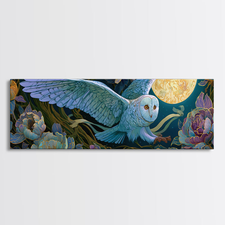 Owl Messenger Carrying a Tiny Ribbon Framed Canvas Print, Fairy Tale Art, Fairy Art, Living Room Decor, Fine Art, Storybook, FTA-3x1-81