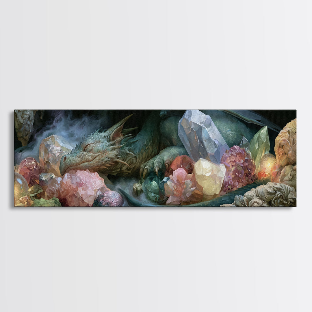 Sleeping Dragon in a Cave of Crystals Canvas Print, Fairy Tale Art, Wall Art, Living Room Decor, Oil Painting, Storybook, FTA-3x1-88