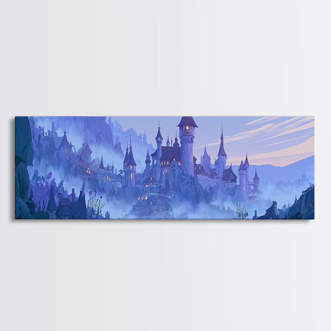 Storybook Castle on a Misty Hill Framed Canvas Print, Fairy Tale Art, Whimsical Wall Art, Living Room Decor, Storybook, FTA-3x1-90