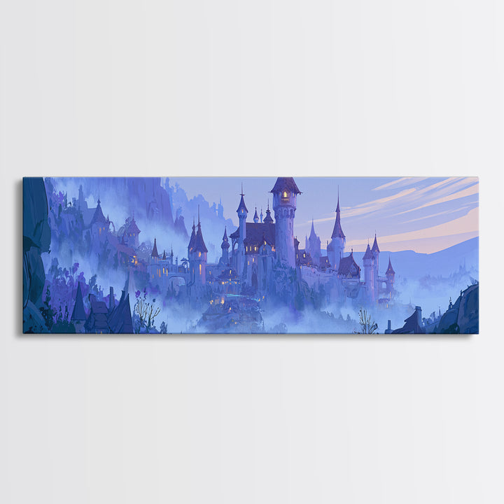 Storybook Castle on a Misty Hill Framed Canvas Print, Fairy Tale Art, Whimsical Wall Art, Living Room Decor, Storybook, FTA-3x1-90