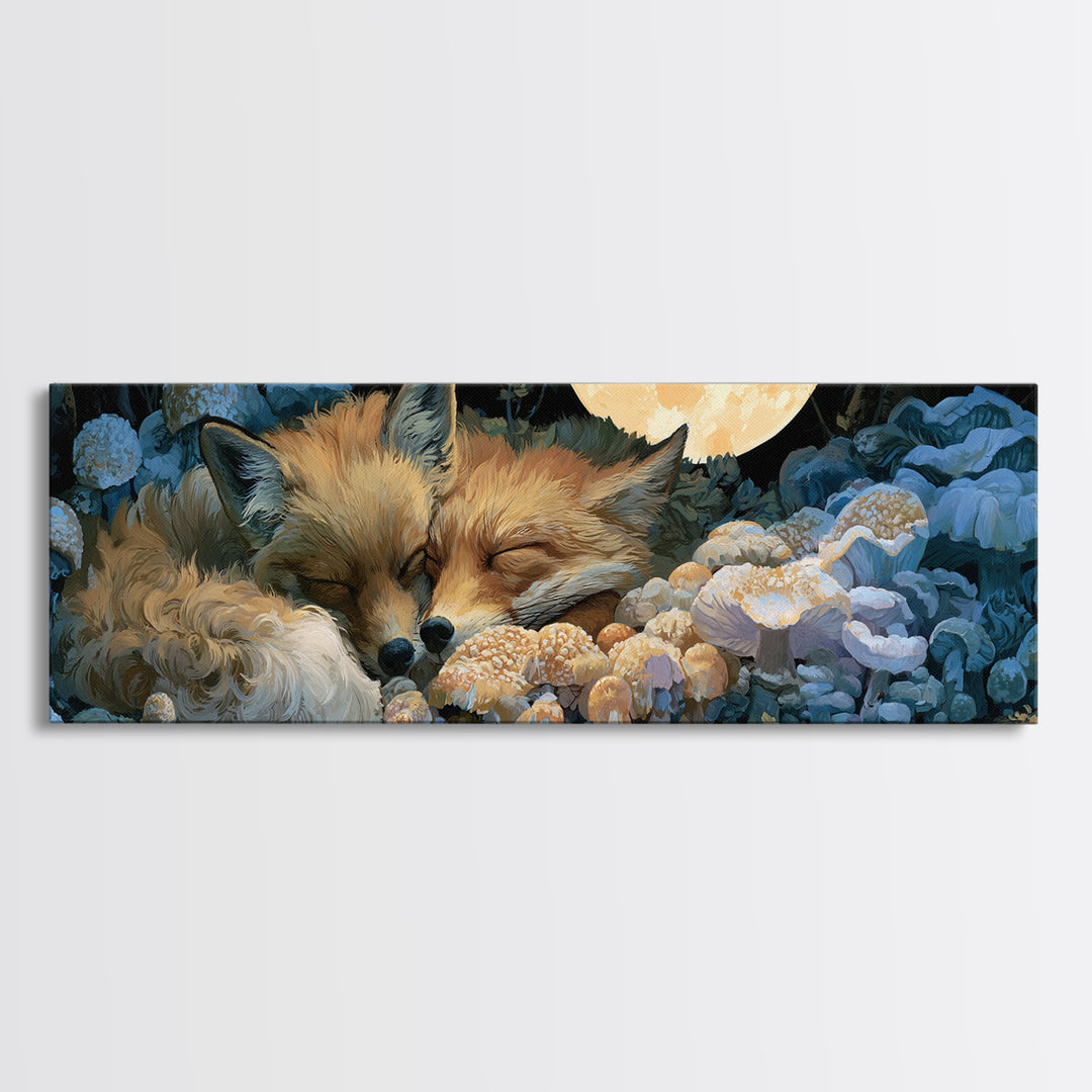 Sleeping Fox Beside a Magical Mushroom Ring Canvas Print, Fairy Tale Art, Printable Wall Art, Living Room Decor, Storybook, FTA-3x1-91