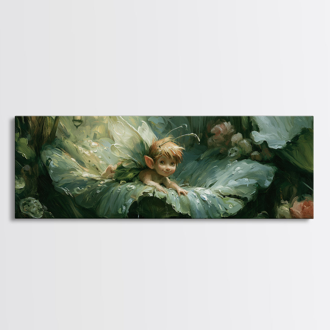 Tiny Fairy Resting on a Dew Covered Canvas Print, Fairy Tale Art, Art Deco, Living Room Decor, Storybook, Whimsical Art, FTA-3x1-95