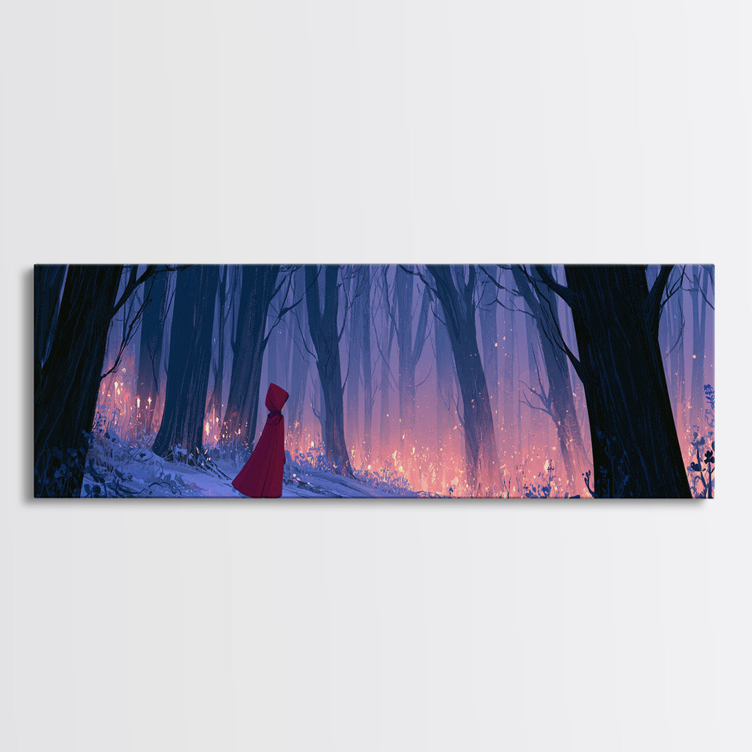 Red Cloak Figure Walking Through Dark Woods Canvas Print, Fairy Tale Art, Textured Painting, Living Room Decor, Storybook, FTA-3x1-96