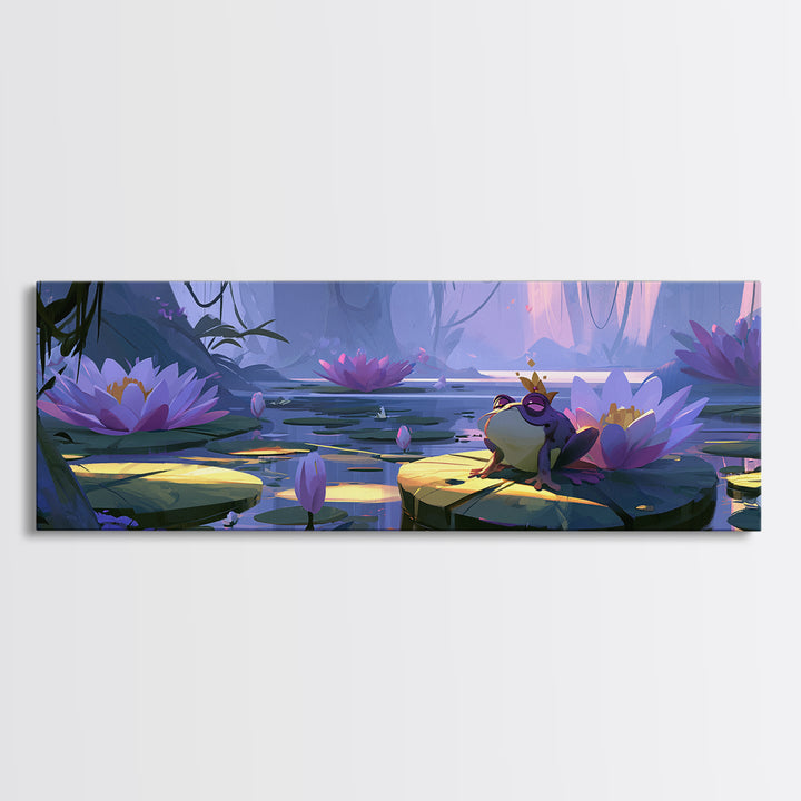 Frog Prince on a Lily Pad Framed Canvas Print, Fairy Tale Art, Original Art, Living Room Decor, Fine Art, Storybook, Folk Art, FTA-3x1-99