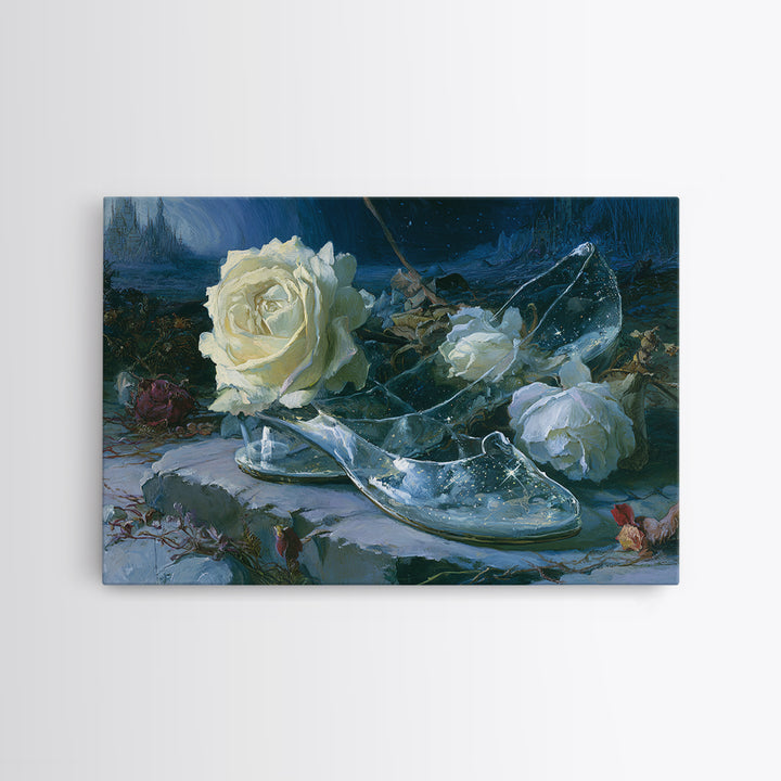 Glass Slipper Still Life Framed Canvas Print, Fairy Tale Art, Nursery Art, Living Room Decor, Storybook, Art Nouveau Print, FTA-3x2-10