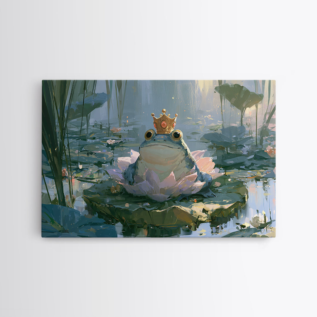 Frog Prince on a Lily Pad Framed Canvas Print, Fairy Tale Art, Whimsical Art, Living Room Decor, Fine Art, Storybook, FTA-3x2-15