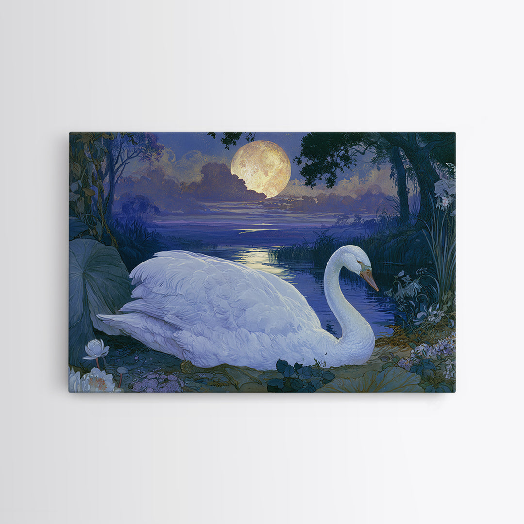 White Swan Transformation Scene Framed Canvas Print, Fairy Tale Art, Statement Artwork, Living Room Decor, Fine Art, Storybook, FTA-3x2-19